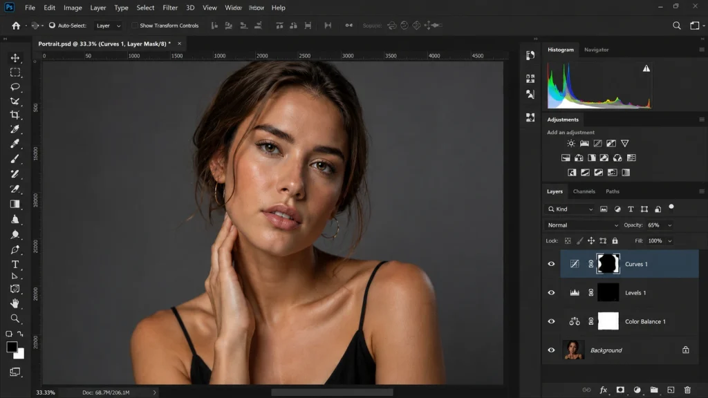 Photoshop portrait editing example showing how to lower the strength of an adjustment layer