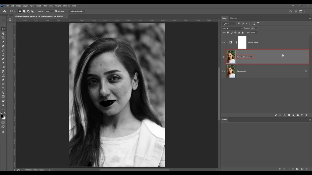 Photoshop Layers panel showing a Remove Blemishes layer for non-destructive portrait skin retouching.