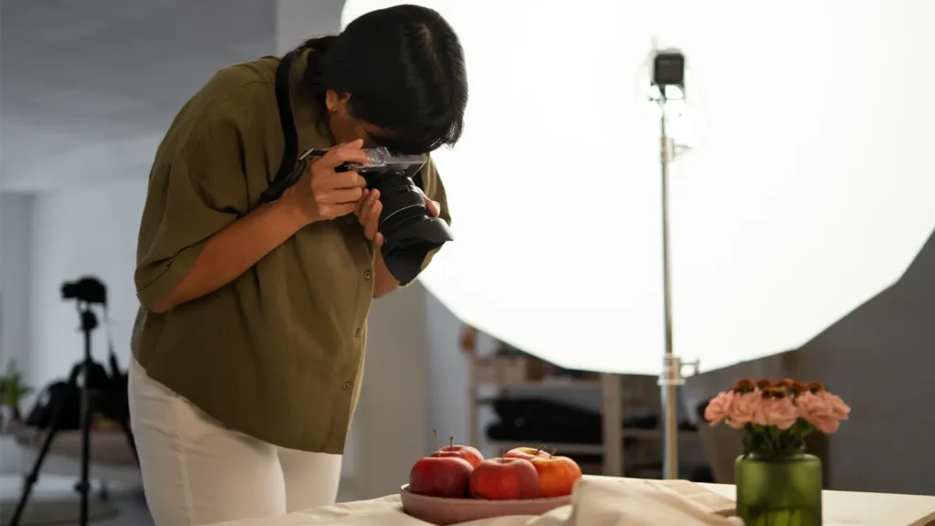 Product photography studio setup with camera equipment and controlled lighting for repeatable results