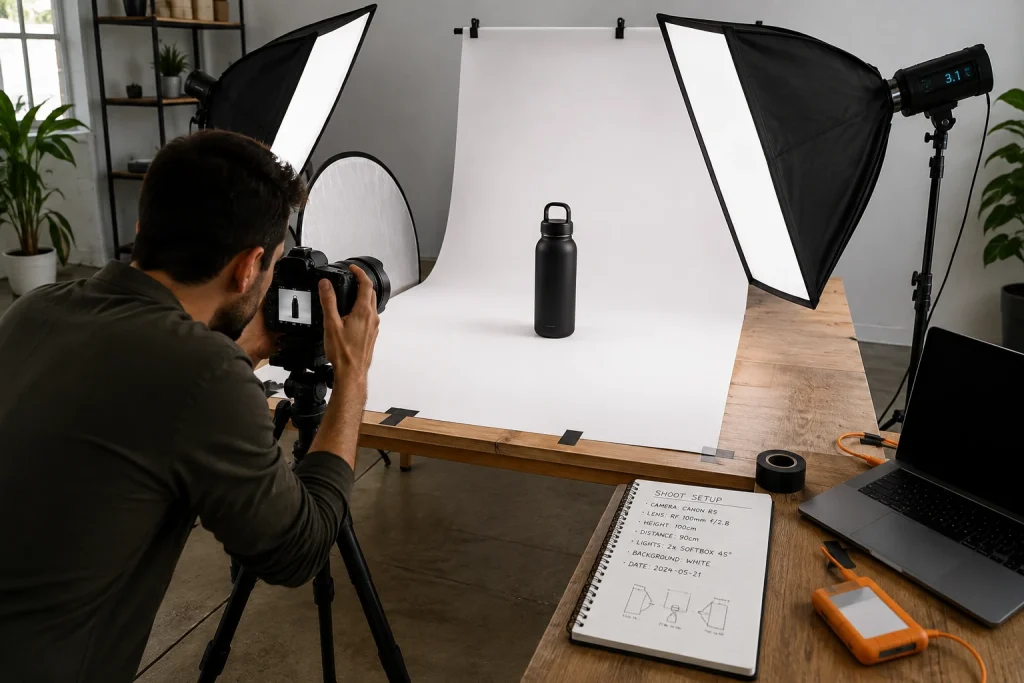 Repeatable product photography setup with camera, tripod, lighting, and white backdrop
