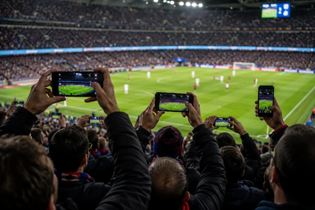 Fans recording a live football match on smartphones from the stands of a packed stadium during an evening game.