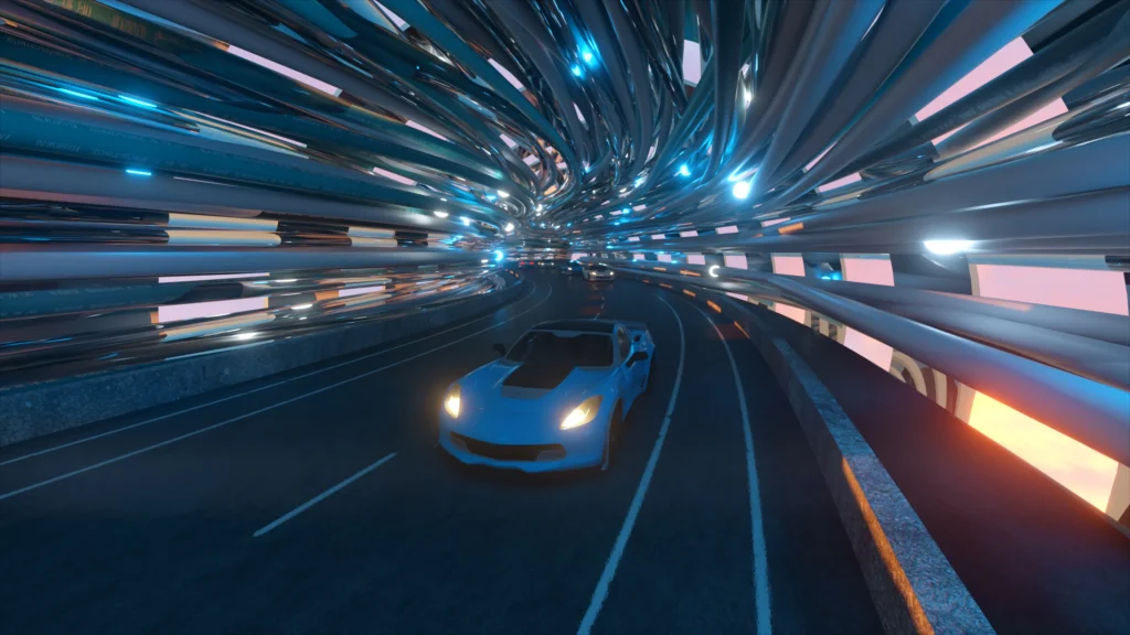 Blue sports car photographed inside a futuristic tunnel at night