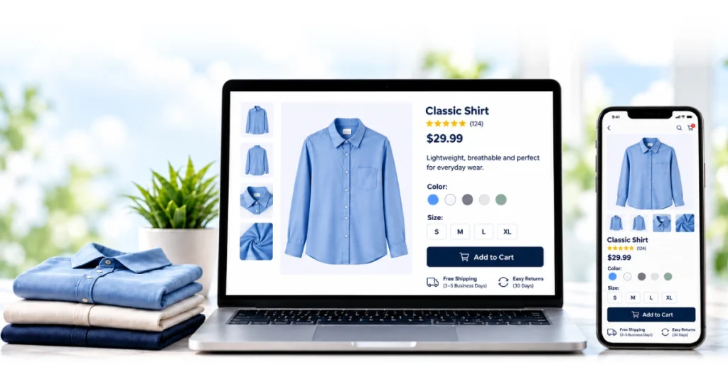 E-commerce product page optimization for a blue shirt on laptop and mobile