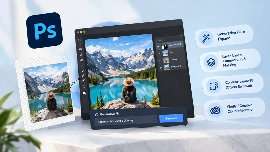 Adobe Photoshop Generative Fill interface showing AI-powered photo manipulation and layer masking