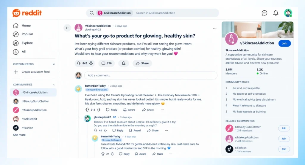 Reddit skincare community thread for e-commerce brand marketing and product recommendations