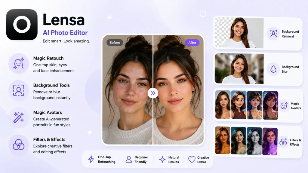 Lensa AI photo editor showing before and after portrait retouching results