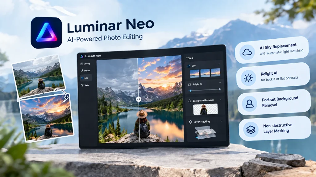 Luminar Neo AI photo editing software with sky replacement and relight AI features