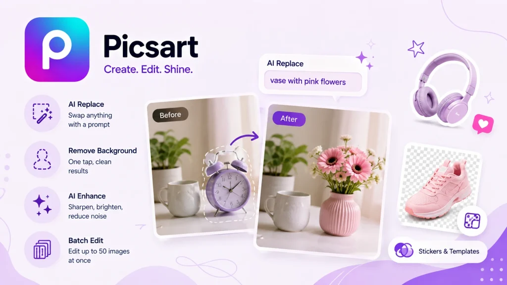 Picsart AI Replace tool swapping objects in a photo using text prompts