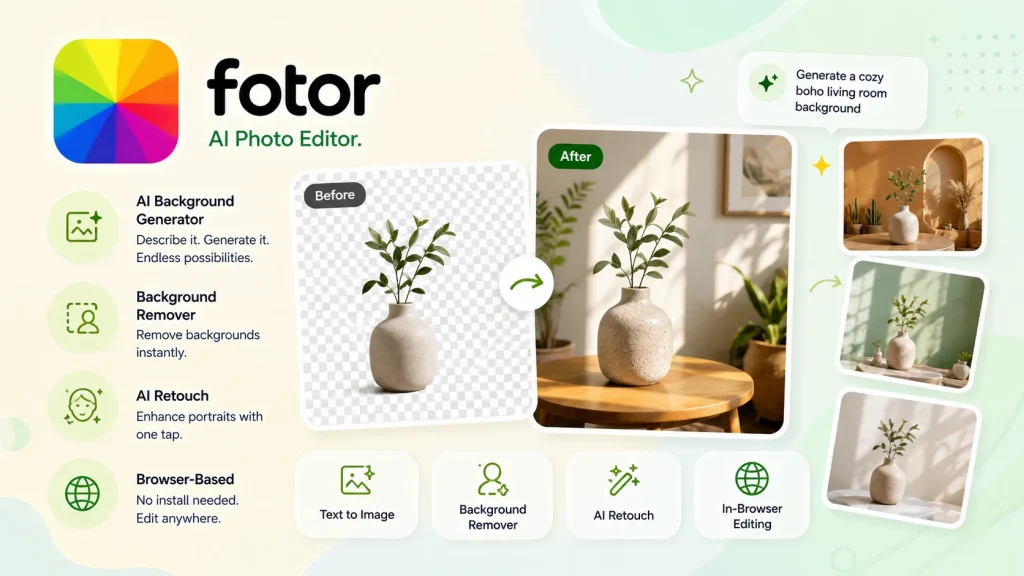 Fotor AI background generator creating a new scene for a product photo