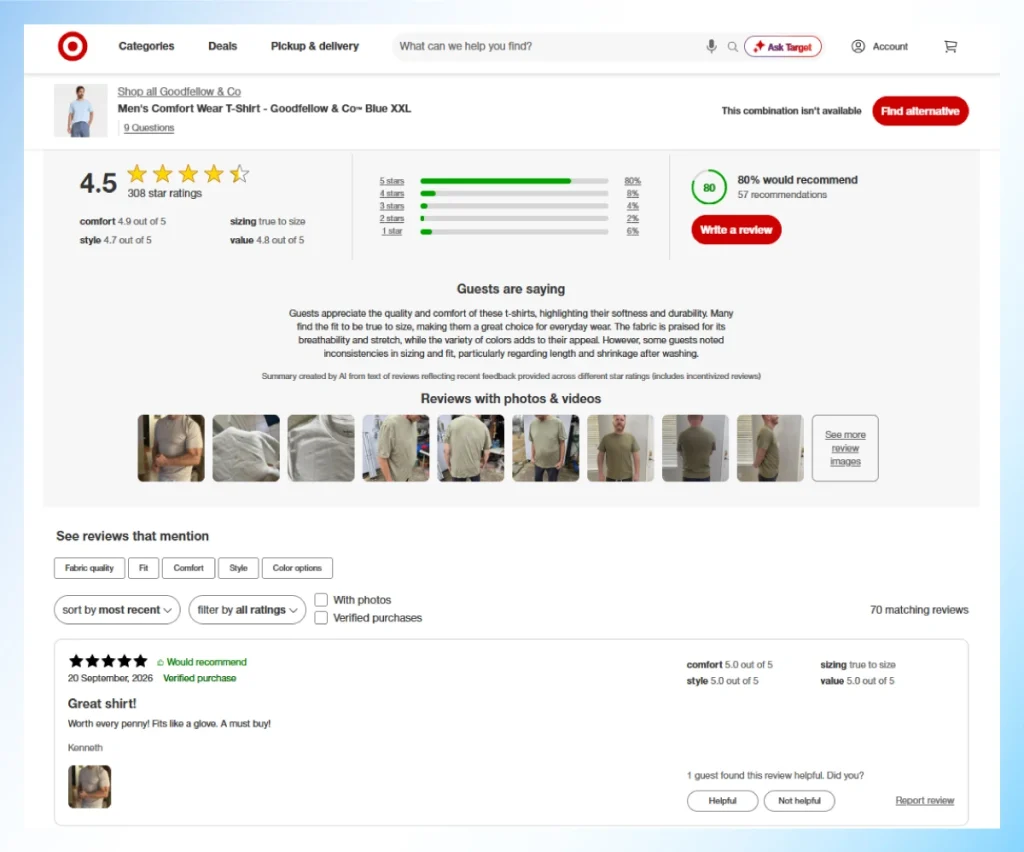 Product reviews and customer photos on an e-commerce product page to build buyer trust