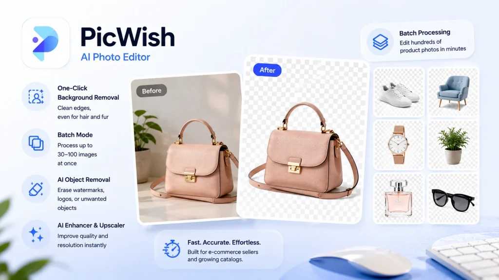 PicWish AI photo editor removing background from a product image with batch processing