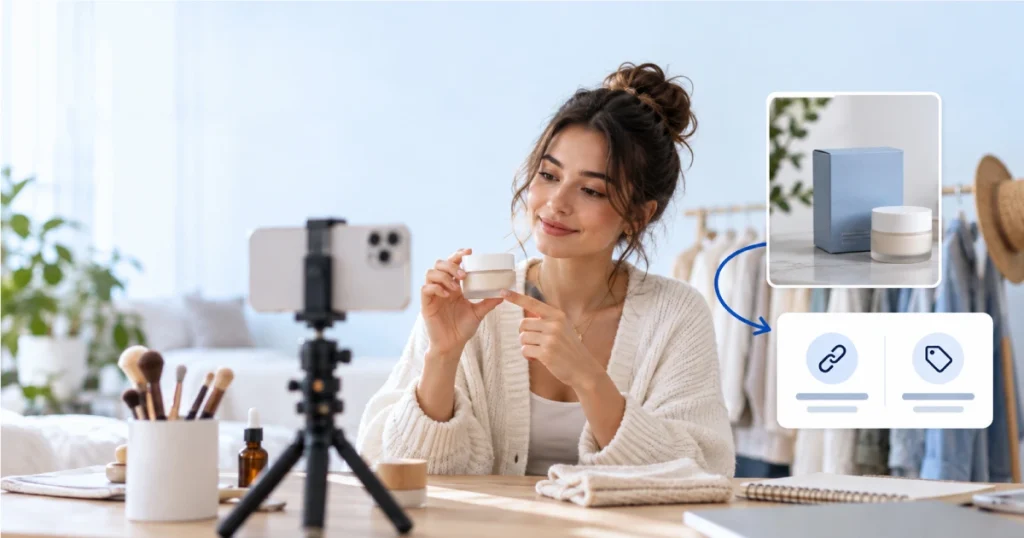 Micro-influencer recording a skincare product video for e-commerce influencer marketing