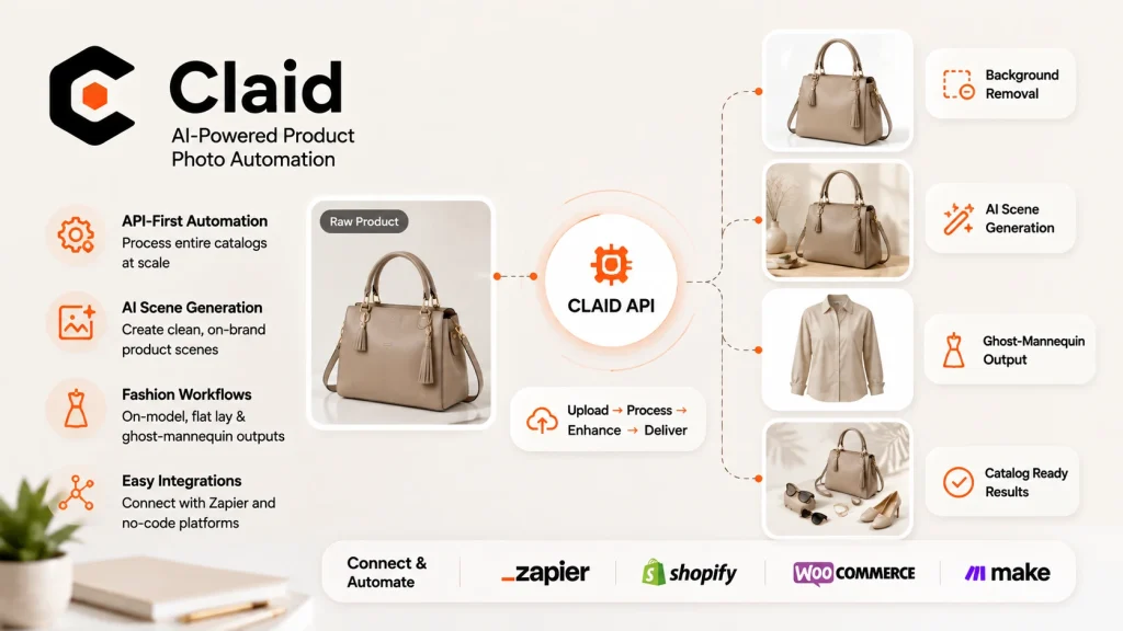Claid AI-powered product photo automation API generating multiple e-commerce scenes
