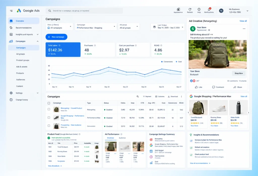 Google Ads retargeting and Performance Max dashboard showing ROAS for an online store