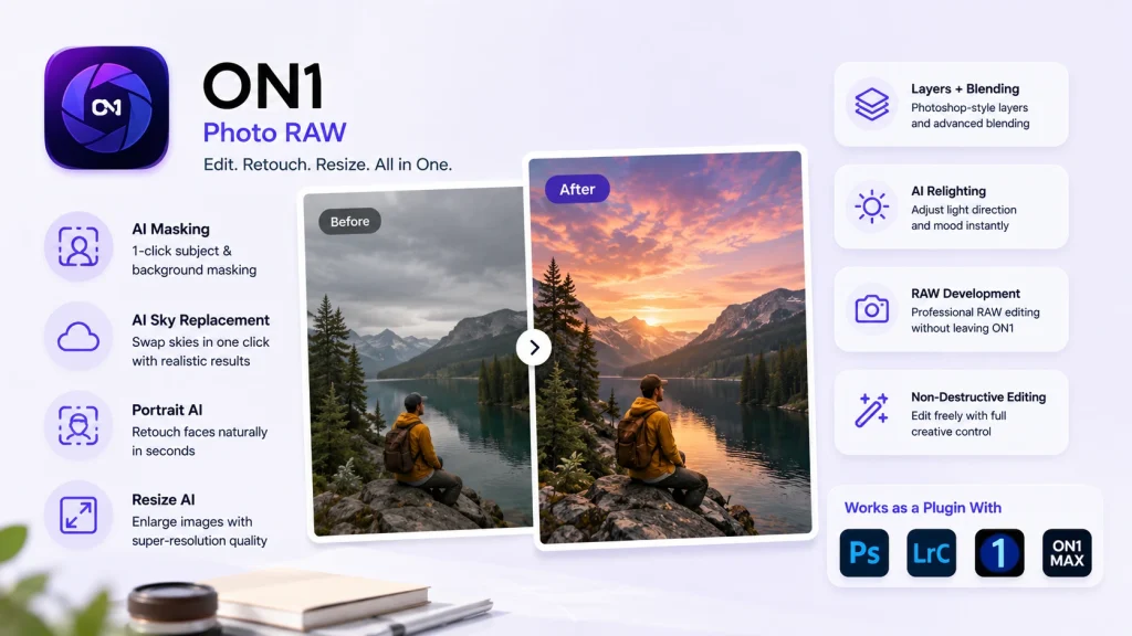 ON1 Photo RAW software showing AI sky replacement and relighting on a landscape photo