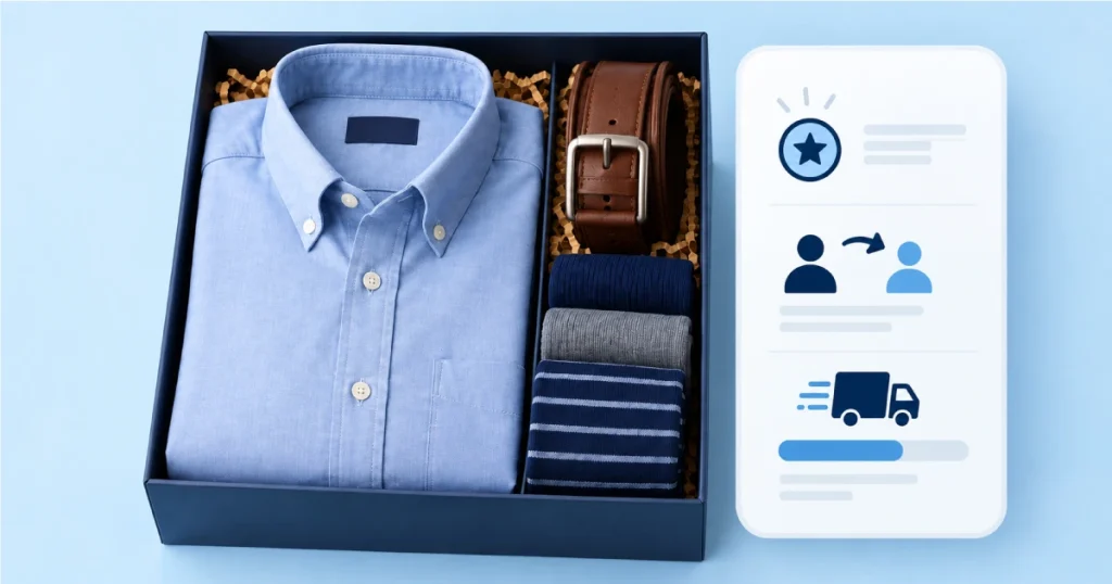 Product bundle with shirt, belt, and socks plus loyalty and free shipping rewards for e-commerce