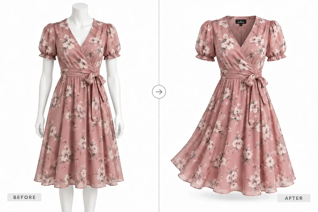 Floral A-line dress before and after AI mannequin removal with the flowing shape and neckline preserved.