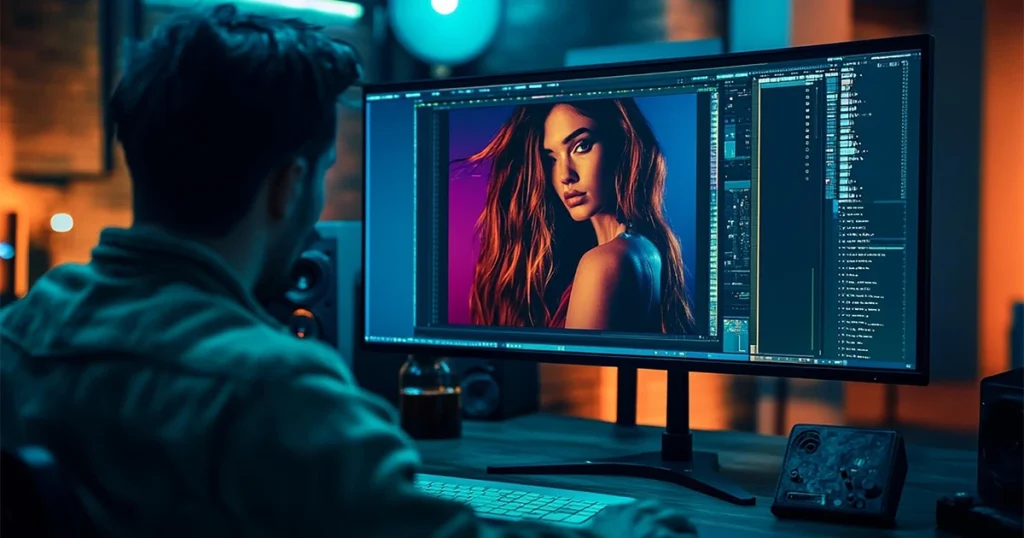 Photo editor reviewing an AI-edited portrait on screen during a human retouching pass