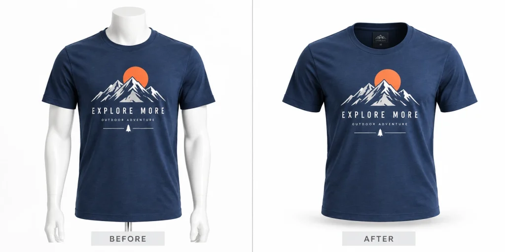 Before-and-after example of a navy T-shirt converted from a mannequin photo into a ghost mannequin image with AI.