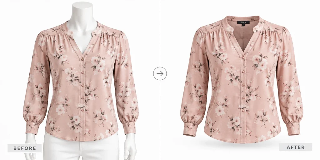 Floral blouse shown before and after mannequin removal using an AI ghost mannequin prompt.