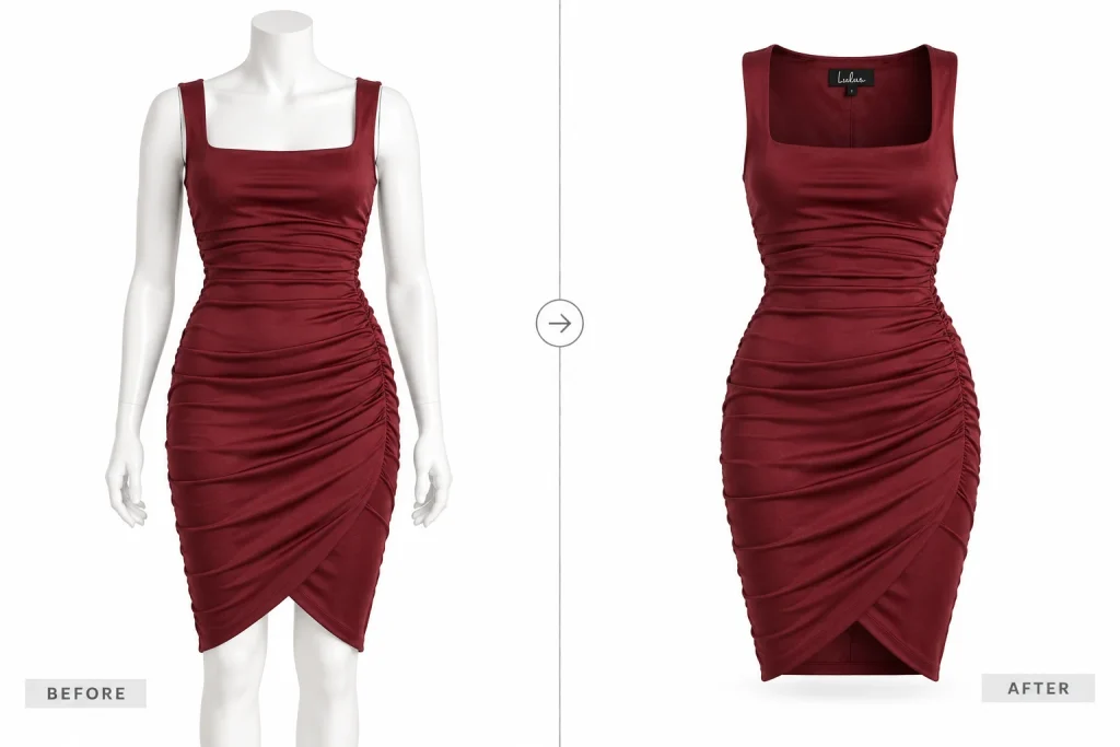Burgundy fitted dress shown on a mannequin and as an AI-generated ghost mannequin product image.