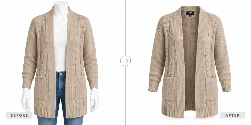 Beige open-front cardigan shown on a mannequin and as an AI-generated ghost mannequin product photo.