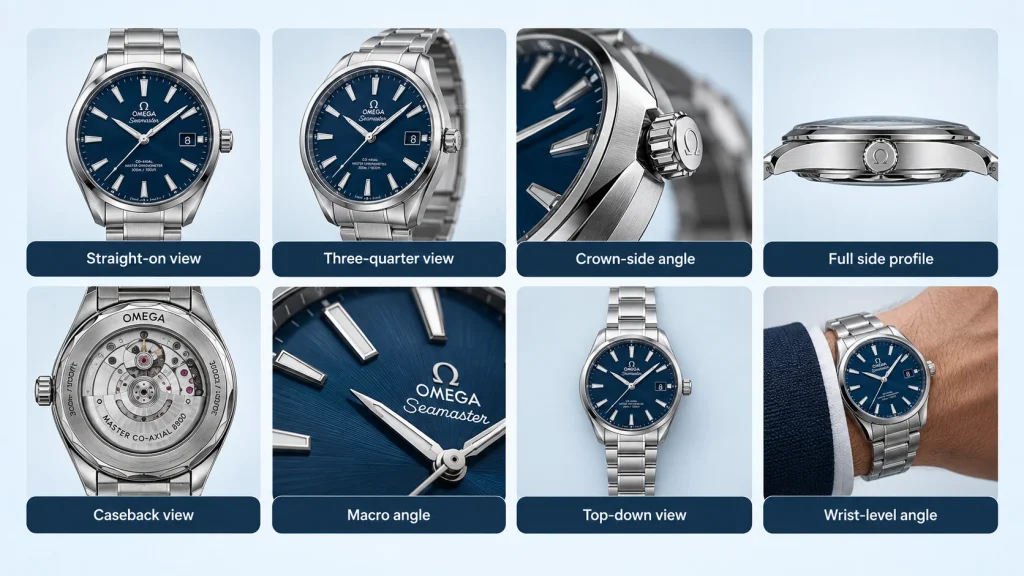 Eight-grid comparison showing watch photography angles including straight-on, three-quarter, crown-side, profile, caseback, macro, top-down, and wrist views