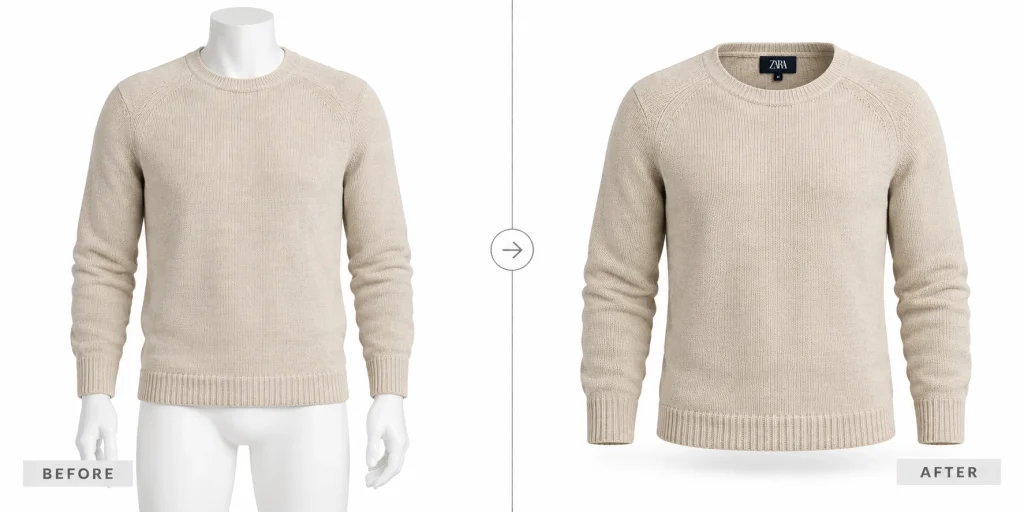 Beige knitted crew neck sweater before and after being converted into a ghost mannequin image with AI.