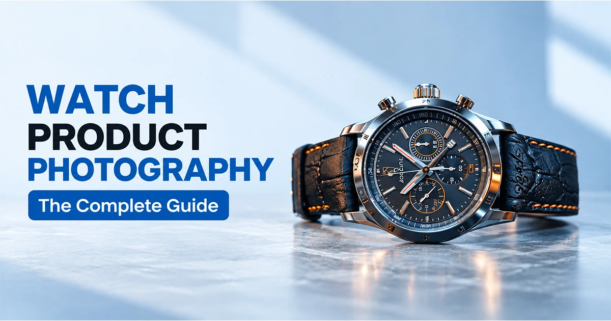 watch-product-photography-complete-guide Split-image banner titled Watch Product Photography The Complete Guide beside a luxury chronograph watch on marble