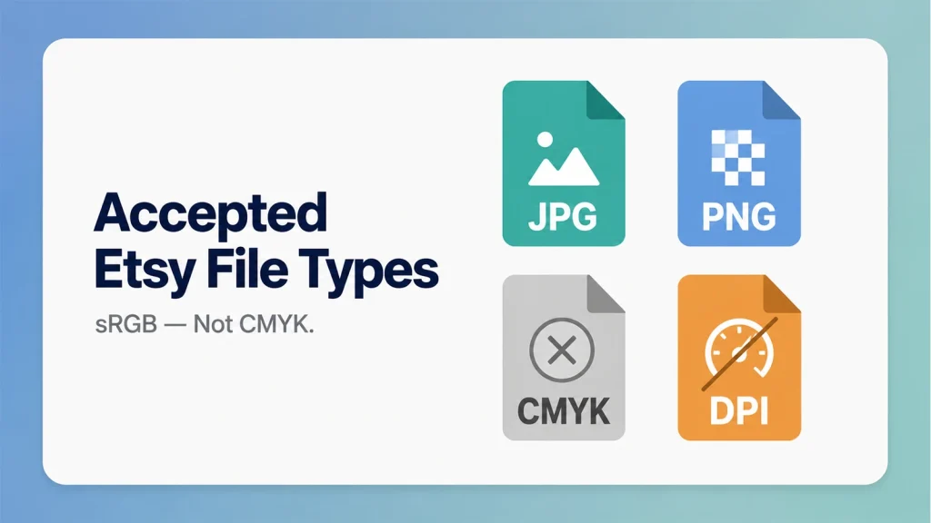 Accepted Etsy photo file types including JPG and PNG in sRGB, with CMYK and DPI shown as non-factors