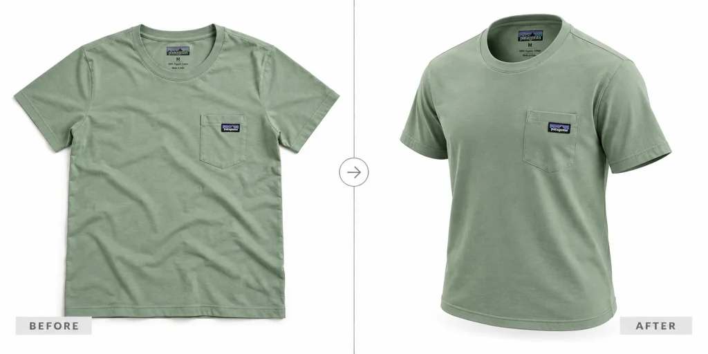 Green T-shirt shown flat and after AI creates an angled ghost mannequin view that reveals the interior neck label.
