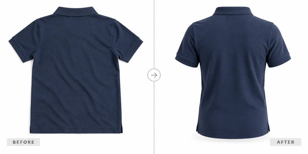 Back view of a navy polo shirt shown flat and after AI converts it into a three-dimensional ghost mannequin image.