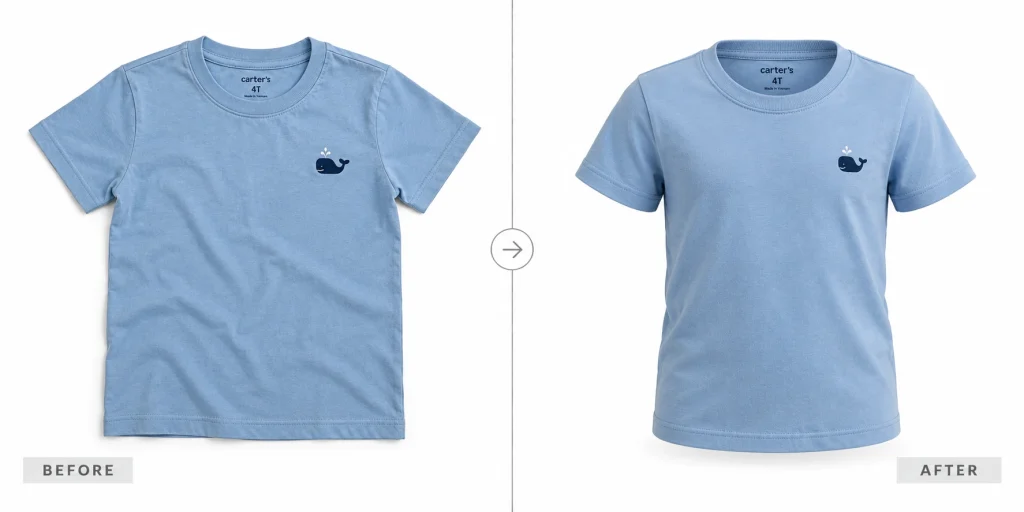 Flat-lay T-shirt shown before and after AI converts it into a three-dimensional ghost mannequin product image.