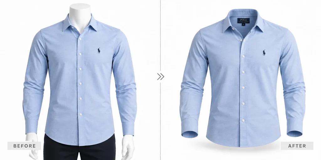 Light blue formal shirt on a mannequin beside an AI-created ghost mannequin version showing the collar and button line.