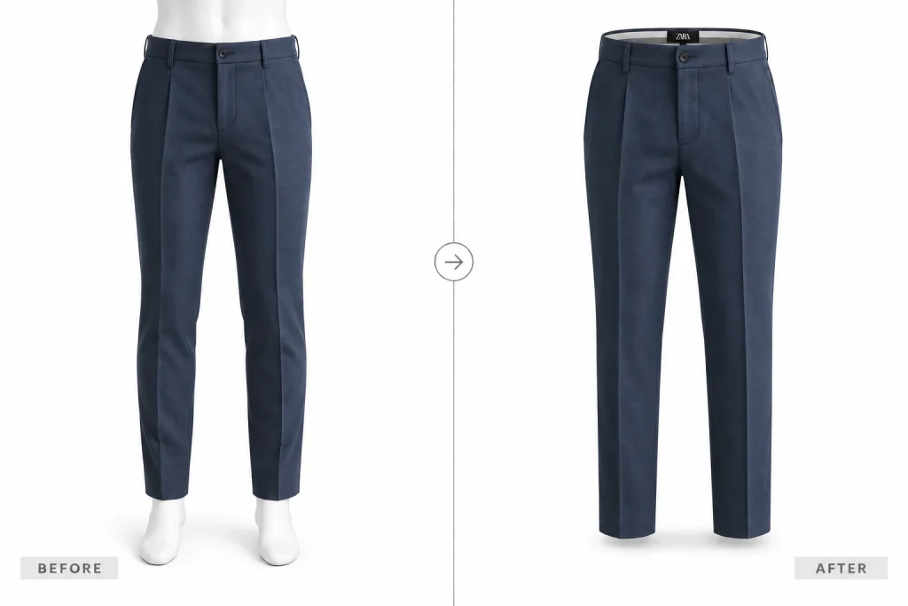Navy formal trousers displayed on a mannequin and after AI creates a ghost mannequin product image.