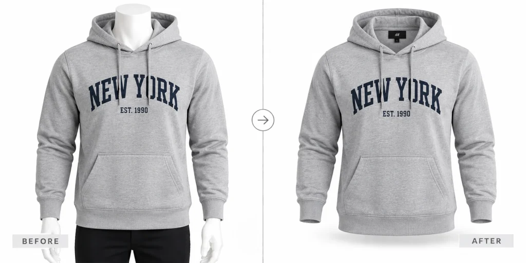 Gray printed hoodie shown on a mannequin and after AI creates a hollow ghost mannequin effect.