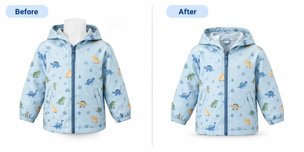 Blue dinosaur-print children's jacket shown before and after AI mannequin removal on a white background.