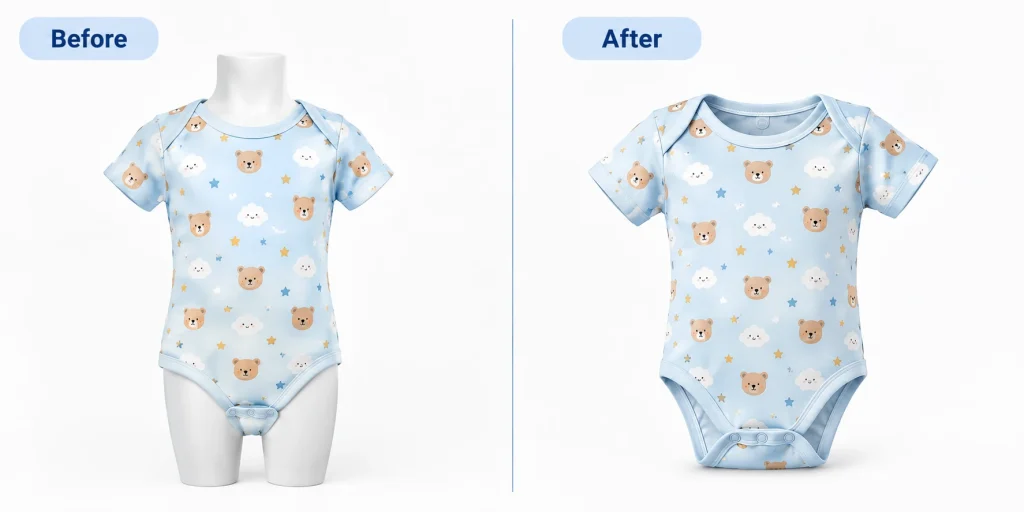 Blue children's onesie shown before and after AI mannequin removal with the neckline and snap closure preserved.
