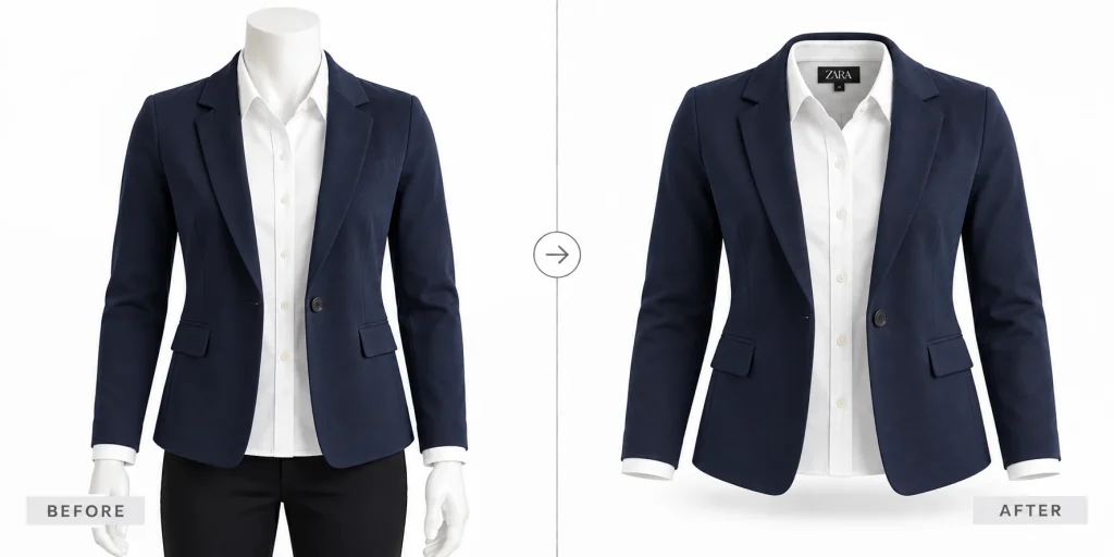 Navy blazer layered over a white shirt shown before and after AI mannequin removal.