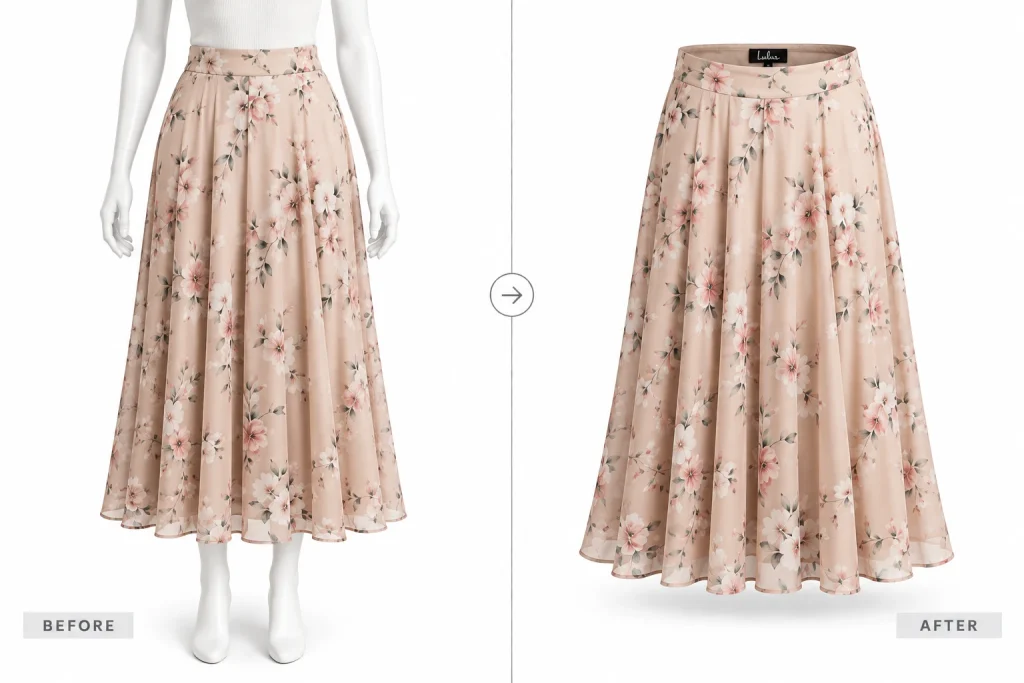 Floral midi skirt shown before and after AI removes the mannequin and creates a natural ghost mannequin shape.