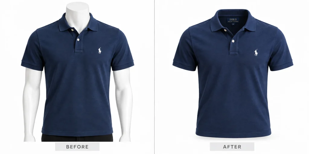 Navy polo shirt shown on a mannequin and after AI removes the mannequin to create a ghost mannequin effect.
