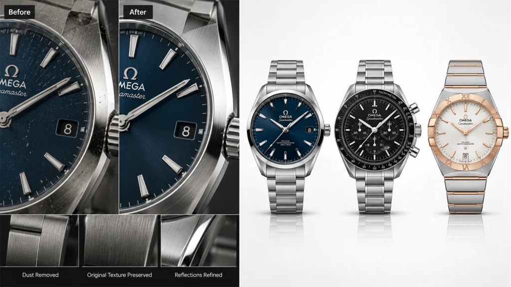 Before and after comparison of watch retouching showing dust removal and reflection refinement alongside a matched Omega catalog set