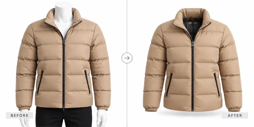 Beige puffer jacket before and after AI removes the mannequin while retaining the padded shape and quilting.