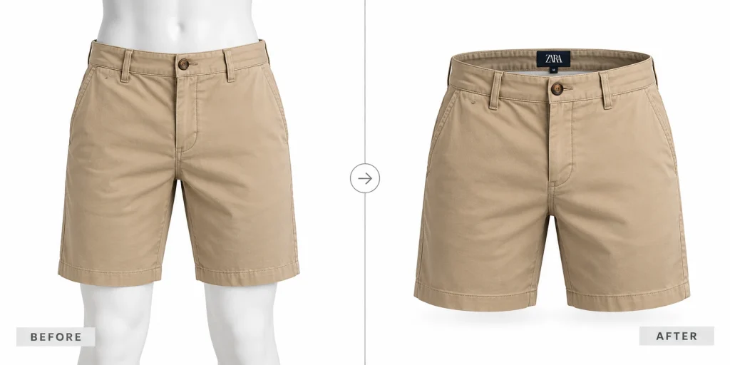 Beige casual shorts before and after AI mannequin removal on a clean white background.