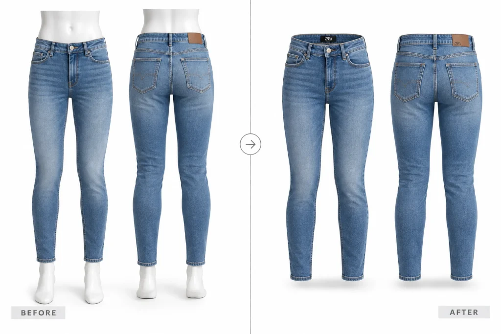 Slim-fit blue jeans shown from the front and back before and after AI mannequin removal.