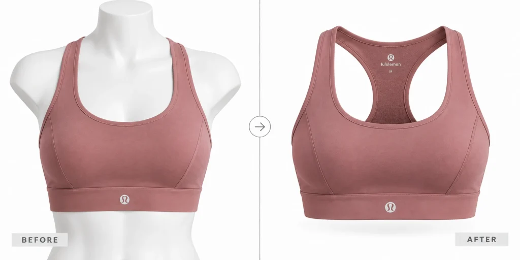 Pink sports bra shown before and after AI removes the mannequin while preserving its athletic shape and straps.