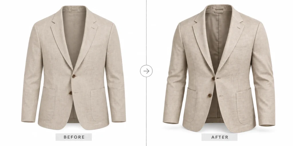 Before-and-after beige linen blazer showing a more detailed ghost mannequin result from a specific AI prompt.
