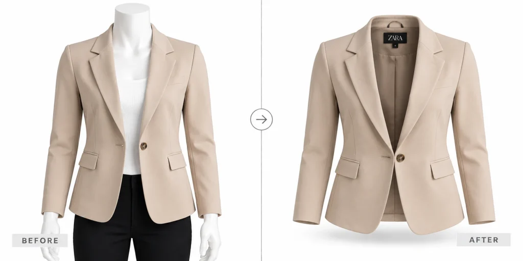 Beige tailored blazer displayed on a mannequin and as a ghost mannequin image with the inner lining visible.