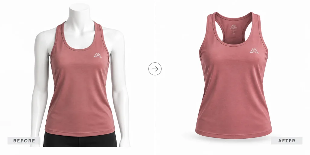 Pink sleeveless athletic top before and after being converted into a ghost mannequin product image with AI.
