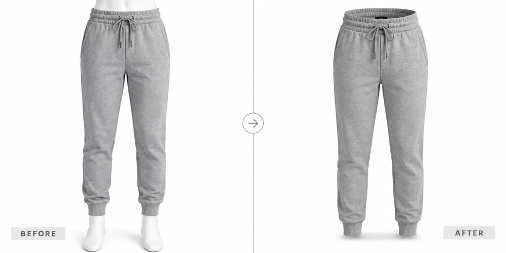 Gray joggers shown on a mannequin and after AI creates a ghost mannequin product image.